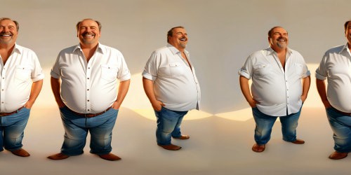 An incredibly detailed digital painting of a jovial, middle-aged man with a big belly, dressed in a crisp white shirt and rugged jeans, flawlessly capturing every crease and texture, set against a vivid, sunlit studio backdrop.