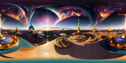 Golden apple centerpiece, ultra high-res textures, glossy reflective surface, VR360 view. Intricate detailing, gold leaf patterns, dazzling under soft ambient light. Masterpiece aesthetics, Dali-inspired surrealism, VR360 perspective. Endless sky backdrop, cosmic hues, dancing nebulae, glistening stars. Impressionist style cloud formations, ethereal glow.