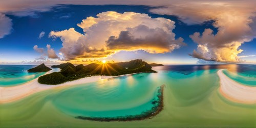 A pristine tropical island beach glows under a golden sun, the turquoise sea gently lapping against the smooth, shimmering shore, captured in ultra-high-resolution detail by a black magic immersive camera at eye level, revealing a masterpiece of tranquility in 16K resolution.