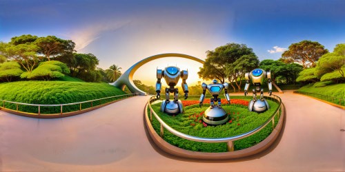 A futuristic park filled with gleaming, polished robots of all shapes and sizes, surrounded by lush gardens, gleaming high-tech structures, flawless solar-powered pathways, holographic displays, and perfect, cloudless skies.