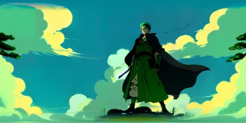 one piece character Zoro(in grean cloak) green hair 