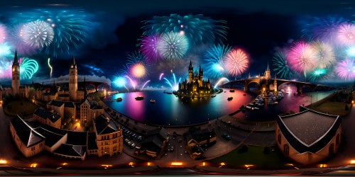 Masterpiece quality, ultra high-res VR360 view, dark gothic cityscape, ornate cathedral spires, cobblestone roads. Explosions of color, vibrant fireworks against inky sky. Style: Dark Romanticism, intricate detailing, chiaroscuro lighting effects. VR360 panorama brimming with breathtaking fireworks display.