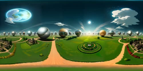 VR360 masterpiece, high-res solar punk village, quaint hilltop, VR360 view of solar panels field. Solar airships, whimsical blimps speckle serene afternoon sky. Foreground: minimalistic eco-homes, windmills. Style: Ultra-realistic, attention-to-detail.