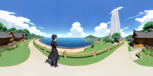 Masterpiece ultra-high resolution, Naruto-themed village within VR360, traditional Japanese architecture, floating lanterns. VR360 view of far-reaching Hokage monument, towering, mysterious. Anime-style skies, sunset hues, ethereal clouds.