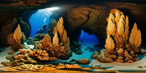 An enchanting deep underwater chasm showcases majestic jagged rocks, bleached coral formations, and gently swaying seaweed, all illuminated by mesmerizing bioluminescence and surrounded by hauntingly beautiful 8K volumetric lighting, creating an unparalleled, flawless masterpiece of the underwater world in ultra high resolution.