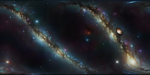 Masterpiece quality, VR360 ultra high-resolution, vibrant hues of cosmic matter, planet encircled by luminous rings, celestial bodies, gleaming in deep space. VR360 view of crystal-clear starfields.