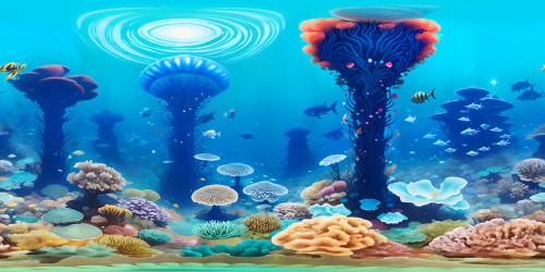 Top-tier masterpiece VR360 underwater panorama, extreme-resolution marine flora, pulsating coral reefs. VR360 floating jellyfish, glossy bubbles, sun's rays penetrating deep aqua. Style: Masterpiece, prime vibrant luminescence.