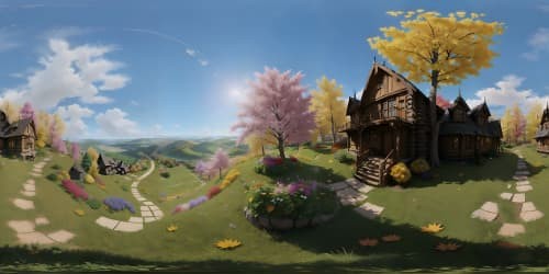 cabin on a hill over looking a field of colorful flowers and autumn leaves