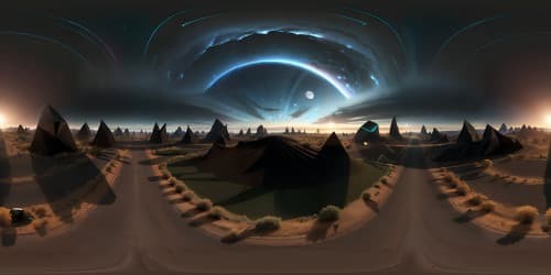 Exceptional quality, masterpiece VR360 scene, ultra-high-resolution. Obsidian landscape, featuring subtle outlines of geometric formations. VR360 view highlighted by stark black silhouettes, orientated to show their spherical outlines. Incorporated into dark, surreal art style.