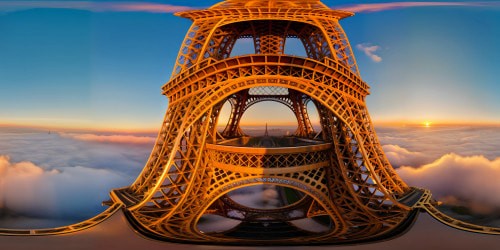 The Eiffel Tower at golden hour, gleaming in the setting sun, its intricate iron lattice glowing against a radiant pastel sky, cinematic masterpiece in ultra-high resolution.