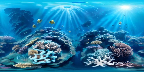 VR360 masterpiece, ultra high-res underwater panorama. Lush seagrass meadows, vibrant coral structures, multitude of exotic fish, translucent jellyfish. VR360 view surrounded by cascading bubbles, endless ocean depth. Artistic, lifelike detailing, Pixar-style rendering.