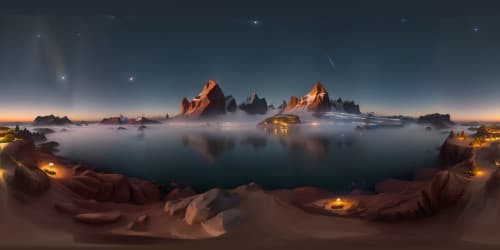 Ultra high resolution, VR360 ethereal grandeur, lunar-glow reflected on serene lagoon, encased by mist-enshrouded summits. Star-studded night sky, VR360 majesty, pinnacle of digital art brilliance.