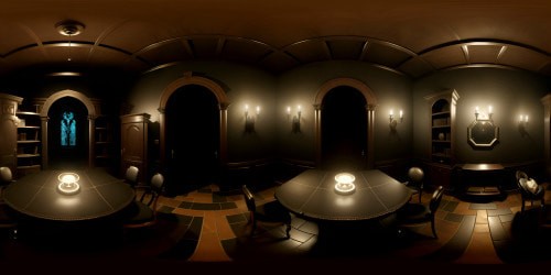 VR360, masterpiece quality, surreal art style. Ultra-high resolution, stone dungeon library, grim castle walls, antiquated decor. Dark fantasy infused, ethereal torch lighting, eerie ambiance. VR360, spooky fineries, engaging gloom.