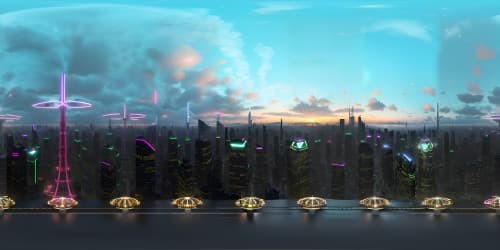 VR360 scene: glassy neon cityscape, mirrored skyscrapers, endless electric grid. Style: sharp high-res textures, holographic palette, reflections on chrome surfaces. VR360 view: endless digital skyline, pulsating radiant energy.