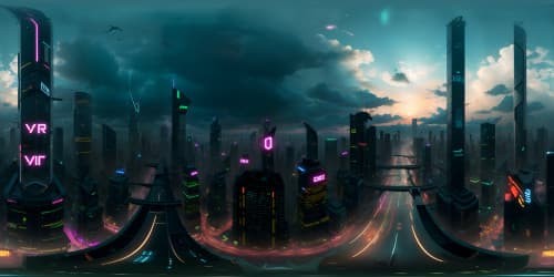 Cyberpunk cityscape, neon lights VR360, towering skyscrapers, VR360 digital rain, ultra high resolution, best quality, intricate detailing, masterpiece aesthetic, glowing holographic billboards, endless digital horizons.