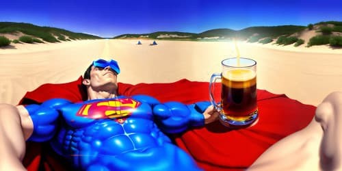 SUPERMAN relaxing at the beach drinking beer from a stein