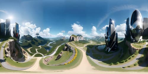 VR360 panoramic view, expansive lobby, towering glass walls, distant mountain vista. Modernistic furniture accents, ultra-high-res textures, masterful landscape elements. VR360 emphasis on grand, open space, stylish interior meets majestic nature. No human or animal presence.