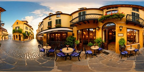 A charming, flawless European cafe scene with blooming flower boxes and elegant wrought iron chairs lining a cobblestone street, showcasing a gleaming brass espresso machine, intricate mosaic tiled floor, and bathed in warm golden hour lighting, inviting viewers to enter a perfect, high-resolution masterpiece scene.