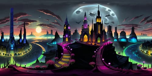 Superb VR360 view, Gotham cityscape nightscape, moonlit sharp spires, omnipresent dark clouds. Batman's elusive silhouette, gothic architecture pinnacle, high-end digital painting, ultra-high res. Enthralling, VR360 grandeur, masterpiece standard.