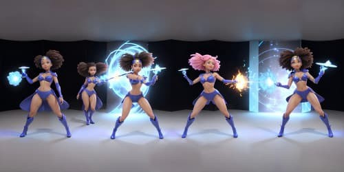 three black female sorceresses carrying blue staffs bursting with energy. one woman has dreadlocks.one is wearing thigh high boots.