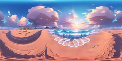 Masterpiece VR360 scene, ultra high-resolution detailing. Exquisite beach, 360-degree panoramic view. Precision etched grains of sand, frothy cerulean waves, sunset hues drenching sky. Style: Hyperrealistic, fine art.