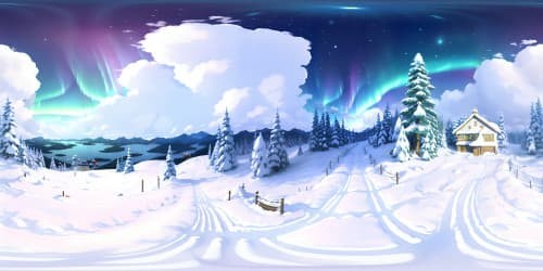 VR360: Winter wonderland, powdered snow, majestic fir trees twinkling with ice, Santa skiing, vibrant aurora borealis. Style: Masterpiece, ultra-high resolution, stunning detail, delicate brush strokes, rich color palettes, classic realism in VR360.