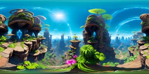 Avatar-style, Pandora jungle VR360 panorama, fluorescent bio-luminescent foliage, exotic alien flora, fantasy art, ultra HD, awe-inspiring terrestrial creatures