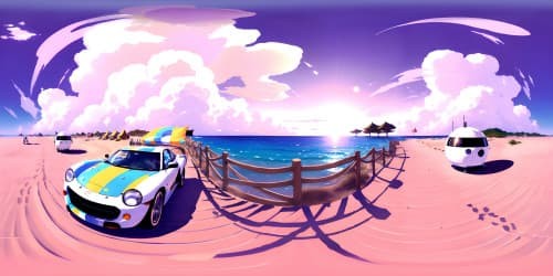 Ultra high-res VR360 artistry, masterpiece quality, young girl by beach, VR360 capturing delicate sand patterns, gradient sky hues, shell fragments glinting, Pixar-style, peaceful, expansive