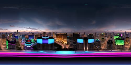 Ultra-high resolution VR360, masterpiece-quality. Top of a Vegas skyscraper, scintillating city lights below. Neon signs in distance, vibrant colors, exquisite night sky overhead, twinkling stars. VR360 view steeped in surreal art style.