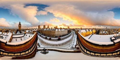 Intricately detailed panoramic view of a Victorian London street during snowfall in the 1880s, gas streetlights casting warm glows on cobblestones, elegant horse-drawn carriages passing by, snow-covered rooftops under a softly falling snow in flawless Ultra High Resolution perfection.