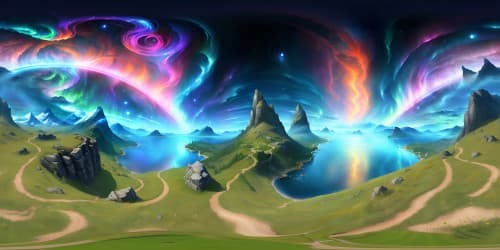 Ultra HD quality, Skyrim-inspired VR360 masterpiece, breathtaking mountains, mystical auroras, ancient Nordic runes, serene lakes. Emulate Elder Scrolls' style, blend epic grandeur, detailed texture work.