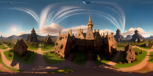 Masterpiece detailing, VR360 view, Freddy Kruger house, gothic gables, ultra-high-res decay. Distressed crimson wood, spectral moonlight. Weathered surfaces, shadows dancing, VR360 Pixar-style macabre. Barred windows, silhouette menace. Looming yet welcoming, eerie VR360 reality.