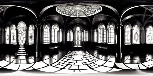 Masterpiece quality VR360 scene, ultra high res details. Focus on grand cathedral's exquisite stained glass, ethereal light streaming through. Contrasting, dark, intricately carved stone archways. Surreal art style, emphasis on color and texture contrast. VR360 view of vast, vaulted ceilings, intricate mosaic floor.