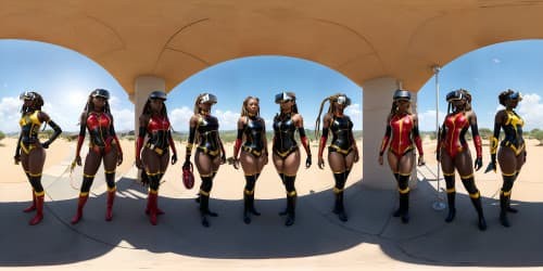 four african american women wearing leotards with red thigh high boots.  one woman has dreadlocks. one woman is topless. she has a large mace.