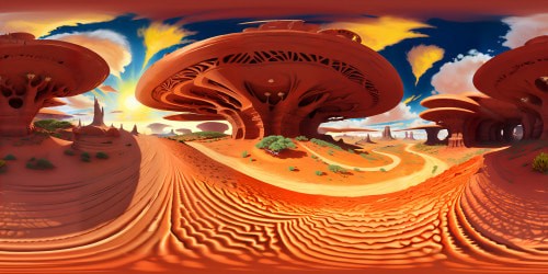 Masterpiece-quality Australian outback, ultra-high resolution VR360, sun-burnished terrain, iconic red sand dunes. Sparse, gnarled vegetation, spectacular sunset drenching the sky. VR360 perspective of vast, unending horizon, digital painting style.