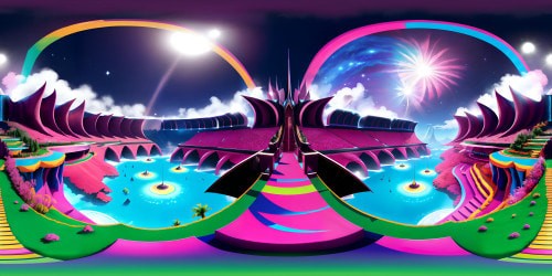 VR360 visual scene of a vibrant pop concert stage, grand piano, spotlights, microphones. Glittering confetti, illuminated audience signs, VIP backstage area. Pop art style, poster colours, Taylor Swift themed elements, VR360 view. Ultra high-res, masterpiece detailing.