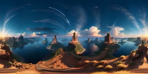 VR360 view, Sword Art Online-inspired style, ultra high-resolution, layered clouds, crystalline formations, floating islands, glinting prism effects, stylized cityscape in distance, sunset glow illumination, masterpiece quality.