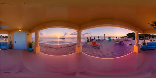 VR360 masterpiece beach house, ultra high res details, weathered seaside wood, pastel beach pebbles. Floating beach chairs, sand-dusted, lacy sea foam. Canted sunset, pastel hues. Coastal blooms, sand dunes VR360 vista. Artistic, Impressionist style rendering.