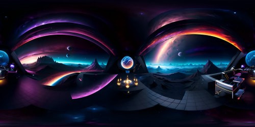 Masterpiece quality, ultra high resolution, black hole dominance in VR360 mode. Ebony vortex of space, swirling gravitational abyss. Stars adrift, cosmic dust spiraling, boundary of event horizon. VR360 immersion, interstellar spectacle. Style cues: Surreal art, cosmic digital painting.
