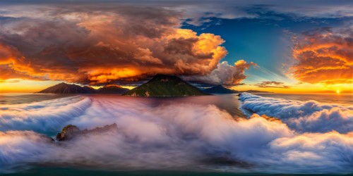 A flawless, high-definition sunset over a tranquil sea, enveloping the distant misty mountains under a tumultuous blanket of billowing clouds, an absolute artistic masterpiece in ultra-high resolution.