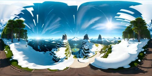 VR360 pinnacle artistry, Pixar-style animation, ultra-high res mastery. Encompassing alpine panorama, untouched snow expanses, encircling bamboo gatherings. VR360 polar panorama, refined details of crests, hints of verdant interrupting prevailing white, evoking panda's domain.