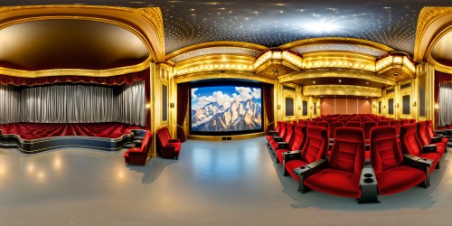 A flawless, ultra-high-resolution depiction of a grand, opulent theater cinema, adorned with ornate gold accents, velvet curtains, plush red seats, dazzling chandeliers, intricate ceiling frescoes, and a massive silver screen shimmering under ambient lighting, capturing a masterpiece in every detail.