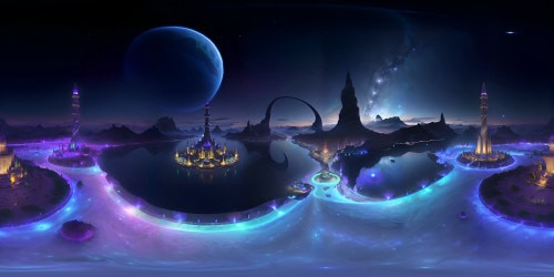 VR360 masterpiece, ultra-high resolution. Imposing, snow-drizzled peaks, sparkling azure lake. Star-studded sky, purple galaxy strip, vibrant celestial VR360 panorama. Saturn, gleaming, neighboring astral bodies. Foreground - towering minarets, emerald dome, mosque shadow. Style - hyperrealism sprinkled with surrealism, subtle hints of fantasy art. Infinity