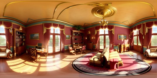 VR360 scene: opulent maximalist home interior, texture-rich patterns, intricate wallpaper designs. Colorful chandeliers, towering bookshelves, ornate mirrors. Plush sofa, velvet curtains. Pixar-style, meticulous detailing, soft lighting, cozy charm, VR360 visual richness.