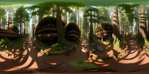 High-quality masterpiece, ultra-high resolution. Majestic redwoods, golden sunset rays, well-trodden trail, wisps of fiery clouds. Photorealistic VR360, Muir Woods, Mariposa Grove. Expansive VR360 enveloping forest atmosphere. Rich, detailed textures on towering tree trunks. Soft, surreal lighting effects.