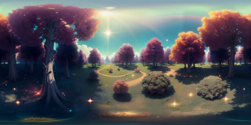 A forest with glowing floating crystal