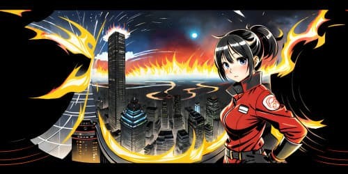 Fire Force anime style, ultra HD VR360, vivid flames, dynamic, glowing ember specks, intricate fire patterns, expansive cityscape background, night sky melding with fire's light, silhouettes of skyscrapers.