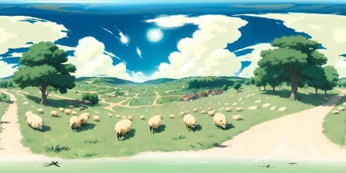 VR360 panorama, artistic masterpiece, ultra HD quality, sprawling prairie landscape, faint, distant sheep grazing, subtle pastoral elements, impressionist-style renderings, soft, vibrant hues, idealized rural tranquility