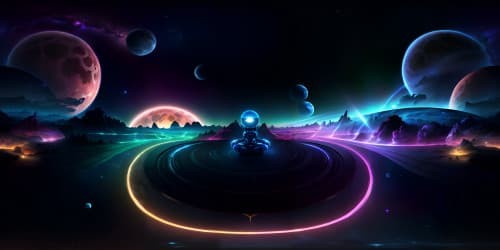 VR360 scene, cosmic panorama, ultra-high resolution, celestial bodies, glow, sparkle. Beautiful alien females, anime style, vibrant, surreal. Masterpiece, intricate details, luminescent color scheme.