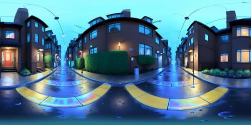 ultra-high-res VR360, rain-soaked cobblestone streets, sprawling watercolor Seattle skyline, misty raindrops glistening on dog leash, vibrant, luminescent streetlights reflecting off puddles, subtle drizzle, labradoodle's footprints on wet pavement, masterpiece quality, Pixar-style